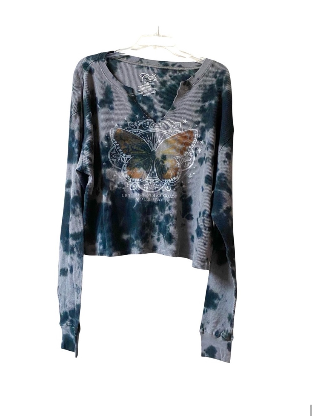 Cold Crush Gray Bleached Butterfly Long Sleeve Thermal waffle knit Crop Top Size